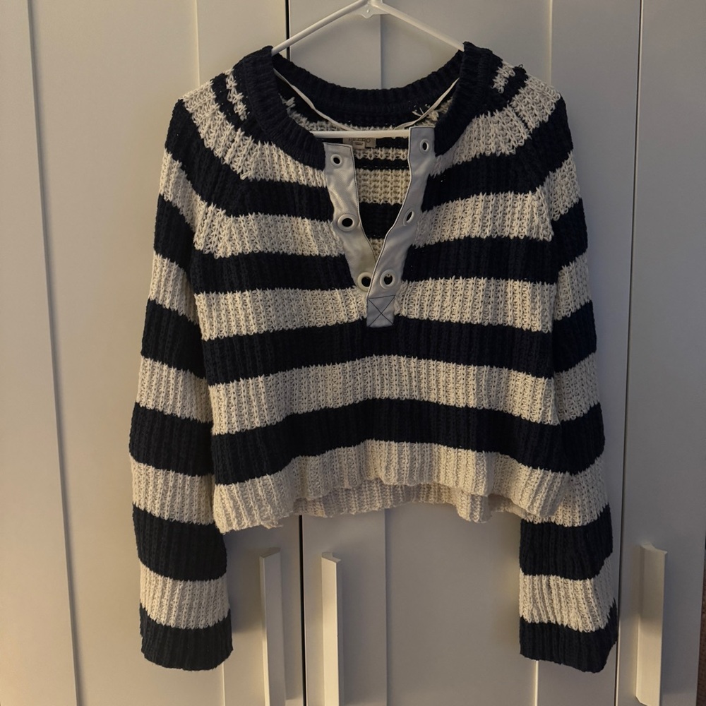 Anthropologie Pilcro Navy and white Striped Sweater V neck bell sleeve